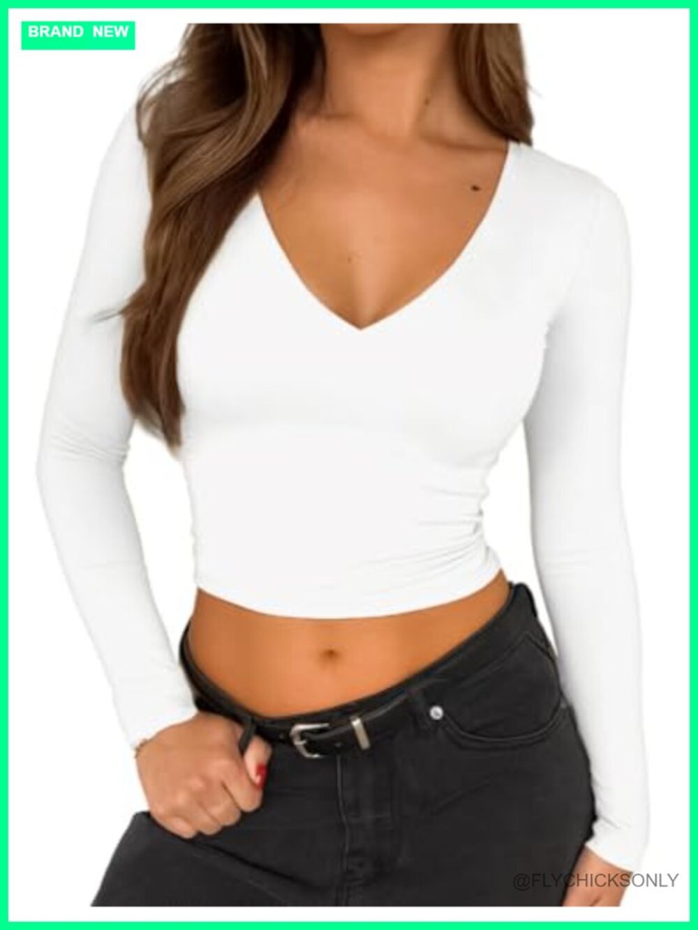 Long Sleeve Crop Top V Neck Double Lined Slim Fit Y2K Basic Tee